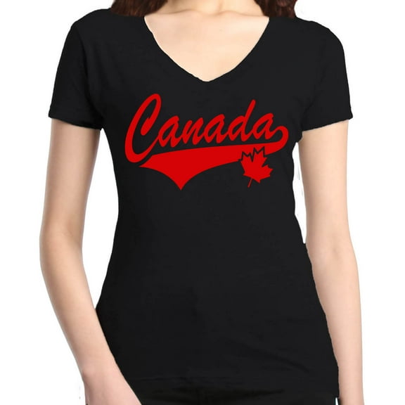 Shop4Ever Women's Canada Red with Leaf Canadian Flag Slim Fit V-Neck T-Shirt Small Black