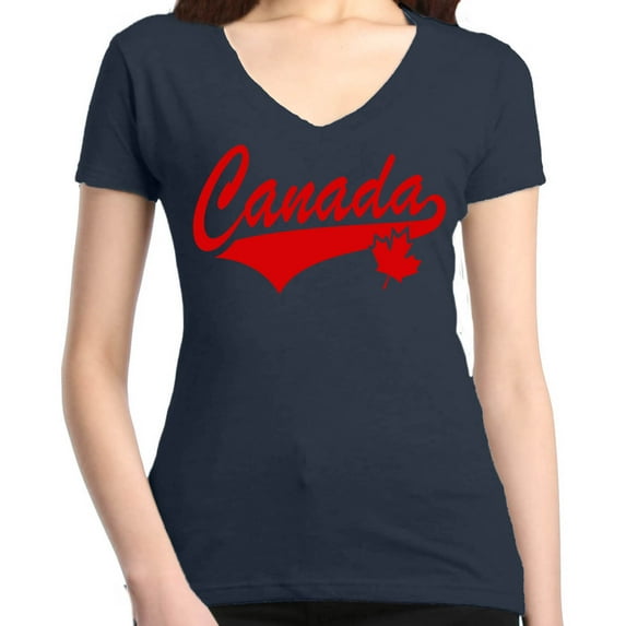 Shop4Ever Women's Canada Red with Leaf Canadian Flag Slim Fit V-Neck T-Shirt Small Charcoal
