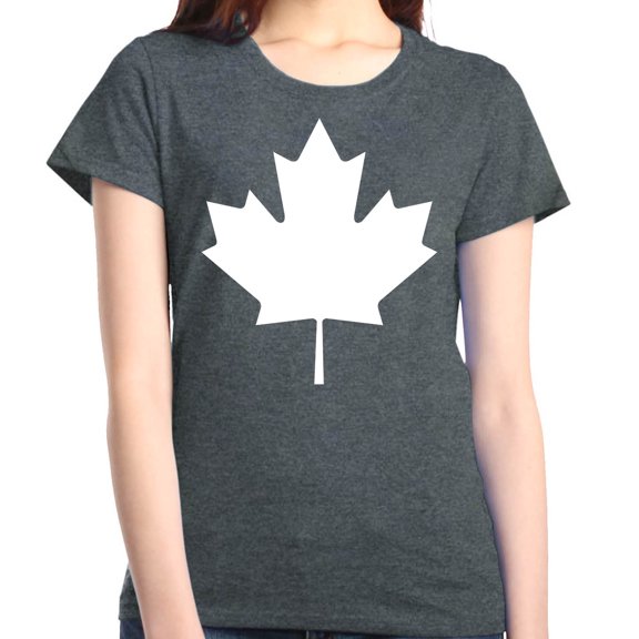 Shop4Ever Women's Canada White Leaf Proud Canadian Flag Graphic T-Shirt Small Dark Heather