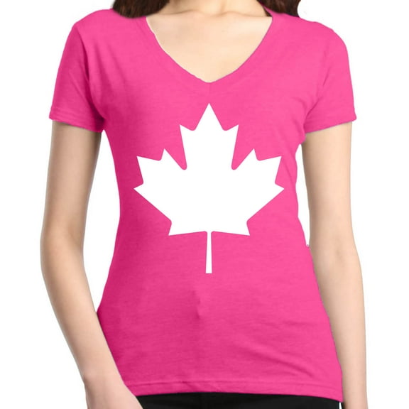 Shop4Ever Women's Canada White Leaf Proud Canadian Flag Slim Fit V-Neck T-Shirt X-Small Pink