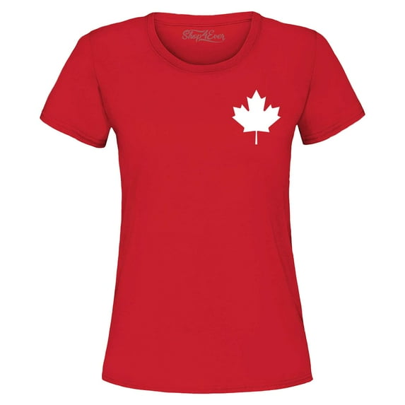 Shop4Ever Women's Canada White Maple Leaf Pocket Size Canadian Graphic T-Shirt Small Red