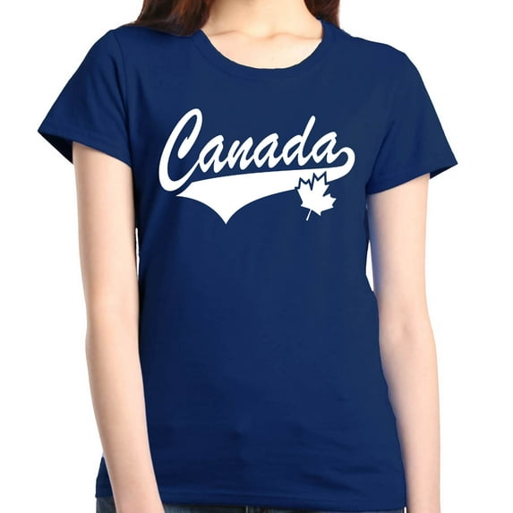 Shop4Ever Women's Canada White with Leaf Proud Canadian Flag Graphic T-Shirt Medium Navy