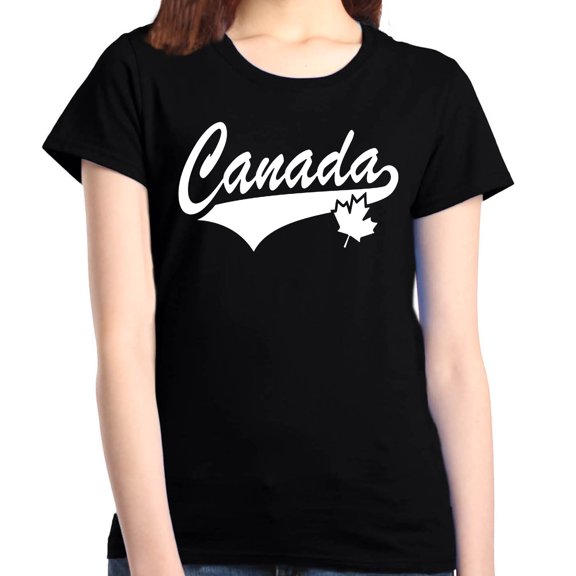Shop4Ever Women's Canada White with Leaf Proud Canadian Flag Graphic T-Shirt Small Black