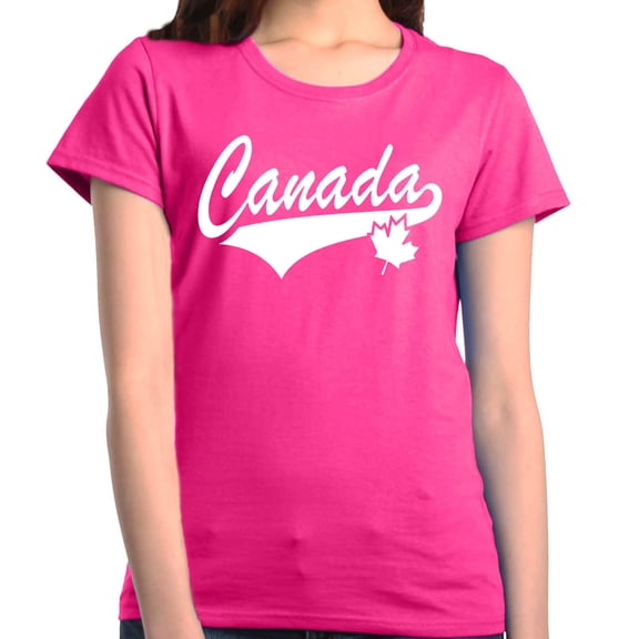 Shop4Ever Women's Canada White with Leaf Proud Canadian Flag Graphic T-Shirt X-Large Heliconia Pink