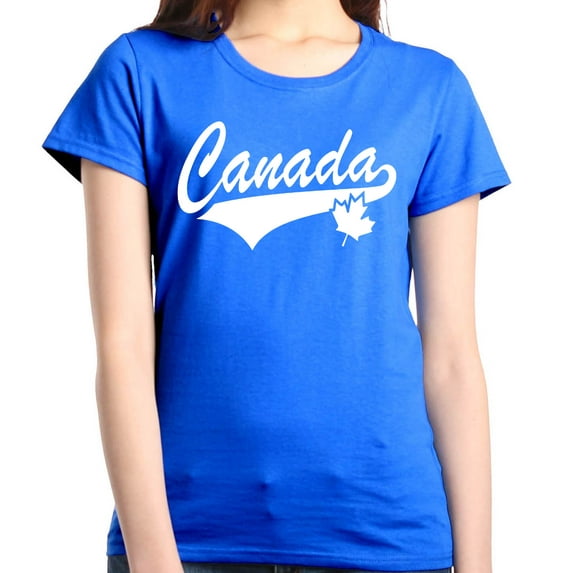 Shop4Ever Women's Canada White with Leaf Proud Canadian Flag Graphic T-Shirt X-Large Royal Blue