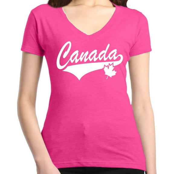 Shop4Ever Women's Canada White with Leaf Proud Canadian Flag Slim Fit V-Neck T-Shirt Large Pink