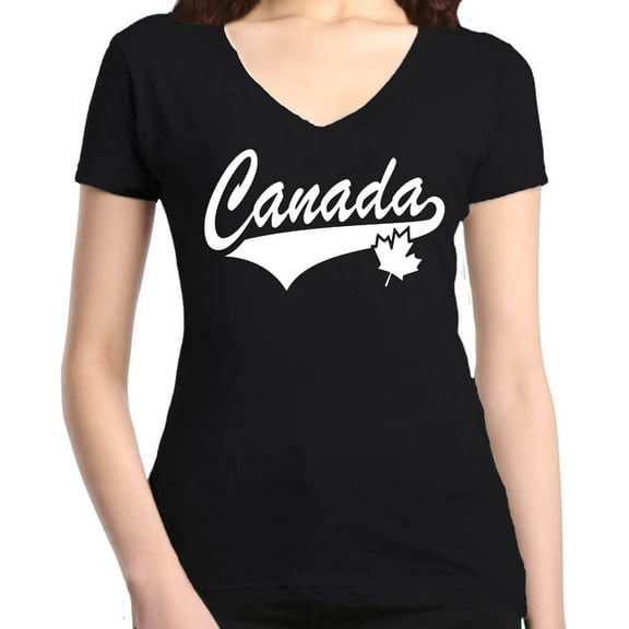 Shop4Ever Women's Canada White with Leaf Proud Canadian Flag Slim Fit V-Neck T-Shirt Medium Black