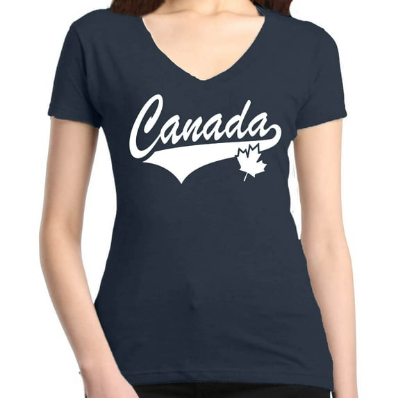 Shop4Ever Women's Canada White with Leaf Proud Canadian Flag Slim Fit V-Neck T-Shirt Medium Charcoal