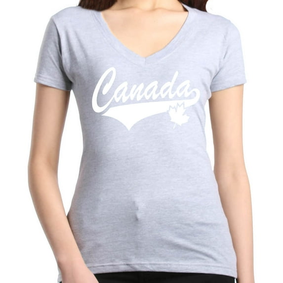 Shop4Ever Women's Canada White with Leaf Proud Canadian Flag Slim Fit V-Neck T-Shirt Small Sports Grey