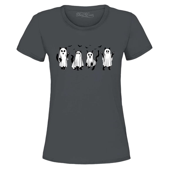 Shop4Ever Women's Cat Ghosts Halloween Graphic T-Shirt Large Charcoal