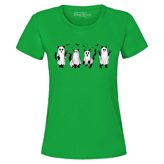 Shop4Ever Women's Cat Ghosts Halloween Graphic T-Shirt Large Irish Green