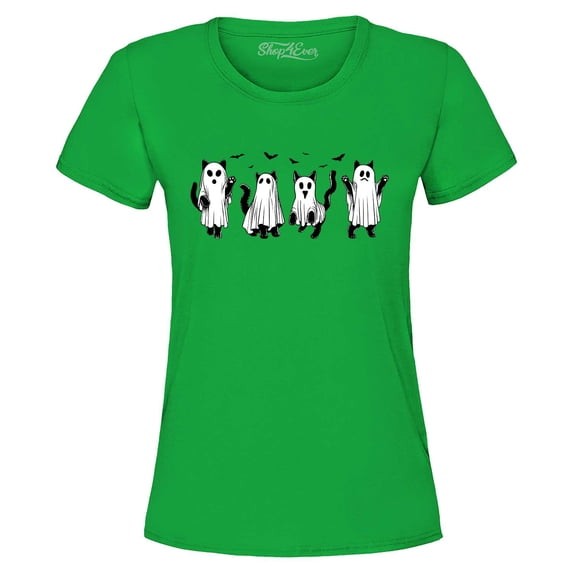 Shop4Ever Women's Cat Ghosts Halloween Graphic T-Shirt Medium Irish Green