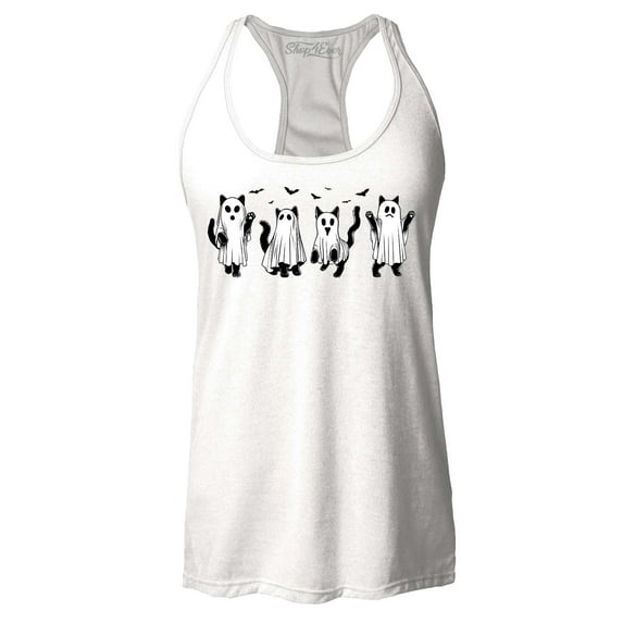 Shop4Ever Women's Cat Ghosts Halloween Racerback Tank Top Large White