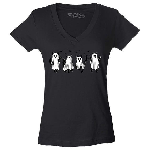 Shop4Ever Women's Cat Ghosts Halloween Slim Fit V-Neck T-Shirt Medium Black