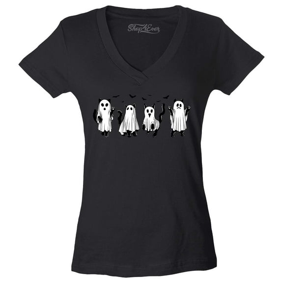 Shop4Ever Women's Cat Ghosts Halloween Slim Fit V-Neck T-Shirt XX-Large Black