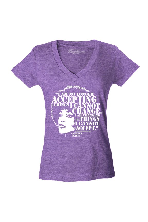 Women's Changing The Things I Cannot Accept Angela Davis Slim Fit V-Neck T-Shirt X-Large Heather Purple
