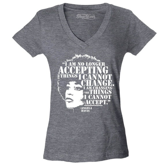 Shop4Ever Women's Changing The Things I Cannot Accept Angela Davis Slim Fit V-Neck T-Shirt X-Small Heather Charcoal