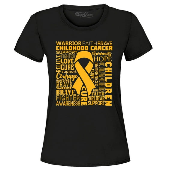 Shop4Ever Women's Childhood Cancer Awareness Gold Ribbon Word Cloud Graphic T-Shirt Small Black