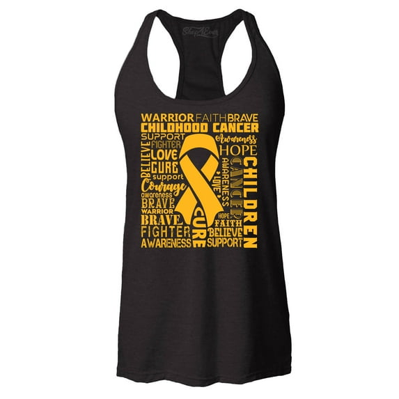 Shop4Ever Women's Childhood Cancer Awareness Gold Ribbon Word Cloud Racerback Tank Top Medium Black