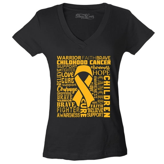 Shop4Ever Women's Childhood Cancer Awareness Gold Ribbon Word Cloud Slim Fit V-Neck T-Shirt X-Large Black