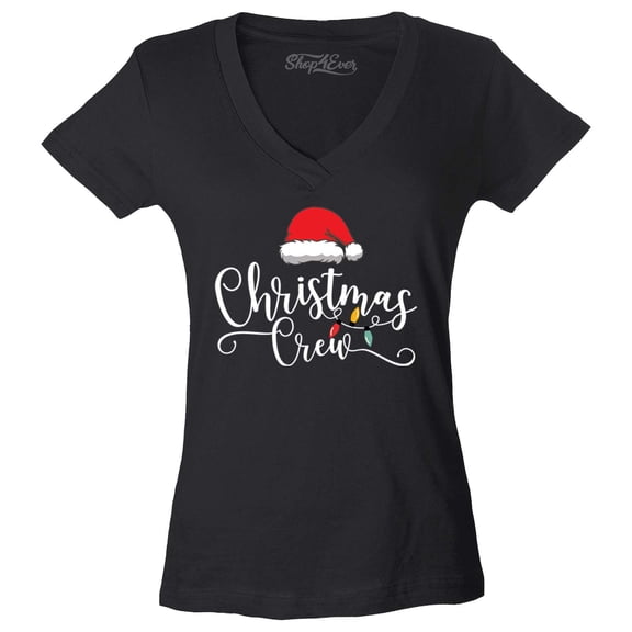 Shop4Ever Women's Christmas Crew Matching Xmas Holiday Slim Fit V-Neck T-Shirt Large Black