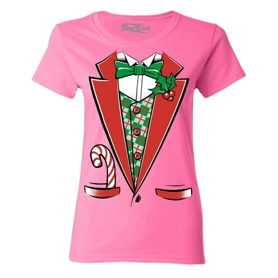 Shop4Ever Women's Christmas Tuxedo Costume with Plaid Vest Graphic T-Shirt X-Large Azalea Pink
