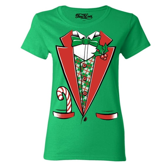 Shop4Ever Women's Christmas Tuxedo Costume with Plaid Vest Graphic T-Shirt X-Large Irish Green