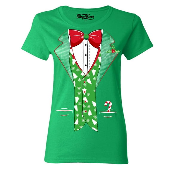 Shop4Ever Women's Christmas Tuxedo with Tree Vest Graphic T-Shirt Medium Irish Green
