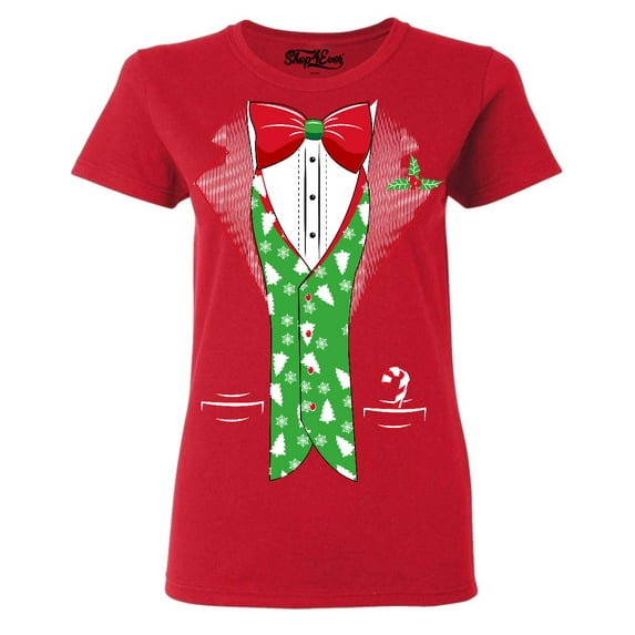 Shop4Ever Women's Christmas Tuxedo with Tree Vest Graphic T-Shirt X-Large Red