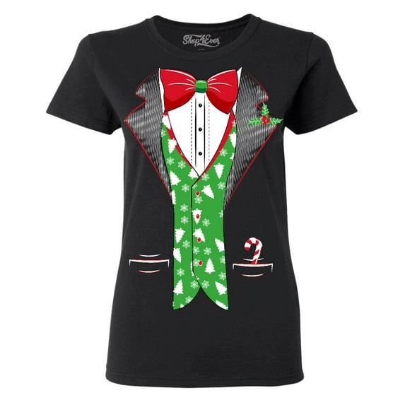 Shop4Ever Women's Christmas Tuxedo with Tree Vest Graphic T-Shirt XX-Large Black