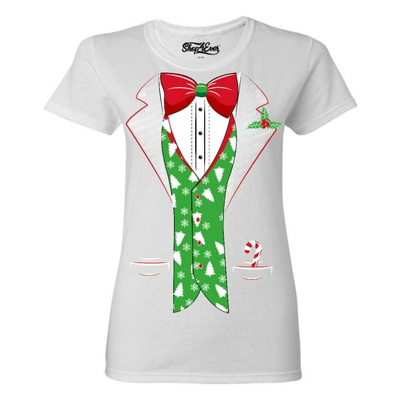 Shop4Ever Women's Christmas Tuxedo with Tree Vest Graphic T-Shirt XX-Large White