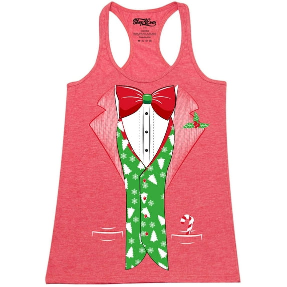 Shop4Ever Women's Christmas Tuxedo with Tree Vest Racerback Tank Top Large Red
