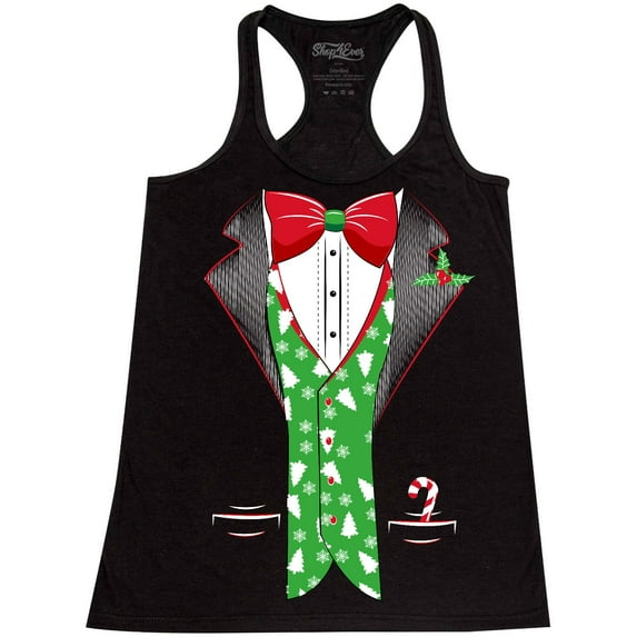 Shop4Ever Women's Christmas Tuxedo with Tree Vest Racerback Tank Top X-Large Black