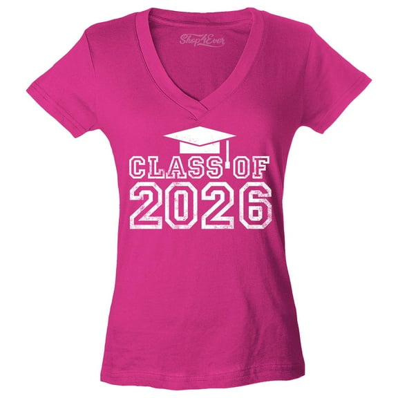 Shop4Ever Women's Class of 2026 Slim Fit V-Neck T-Shirt Large Pink