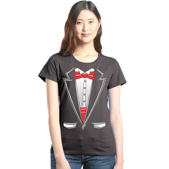Shop4Ever Women's Classic Red Bow Tie Tuxedo Suit Party Costume Graphic T-Shirt Large Charcoal
