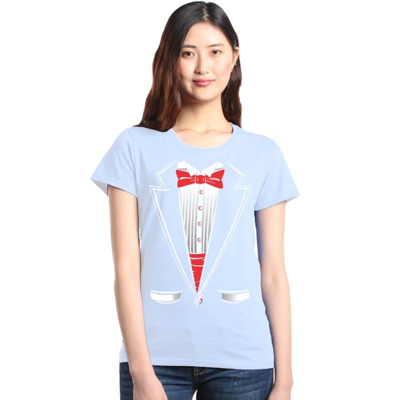 Shop4Ever Women's Classic Red Bow Tie Tuxedo Suit Party Costume Graphic T-Shirt Large White