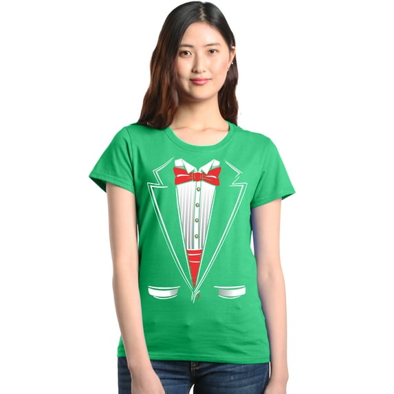 Shop4Ever Women's Classic Red Bow Tie Tuxedo Suit Party Costume Graphic T-Shirt Small Irish Green
