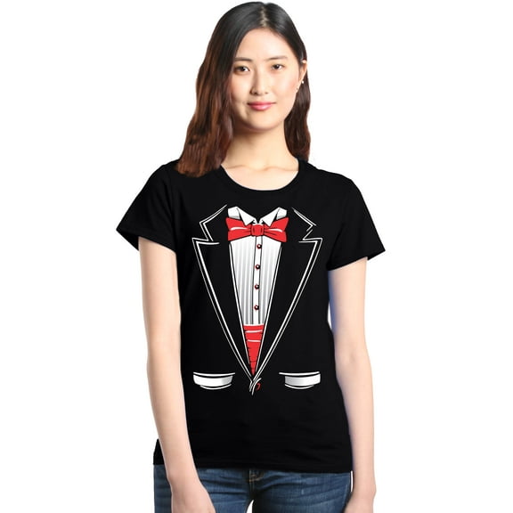 Shop4Ever Women's Classic Red Bow Tie Tuxedo Suit Party Costume Graphic T-Shirt X-Large Black