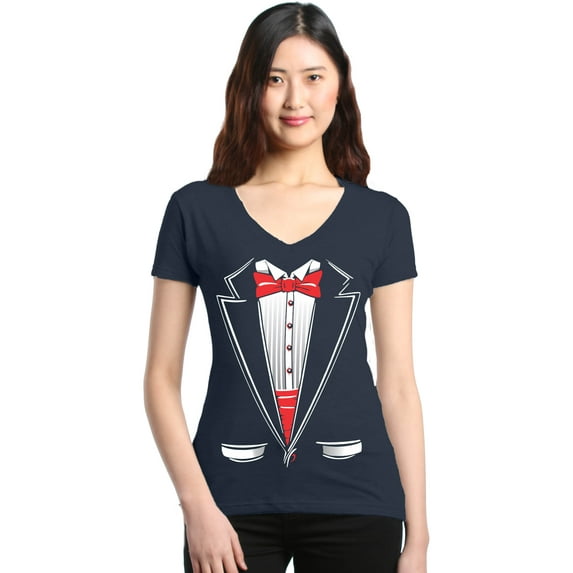 Shop4Ever Women's Classic Red Bow Tie Tuxedo Suit Party Costume Slim Fit V-Neck T-Shirt Large Charcoal