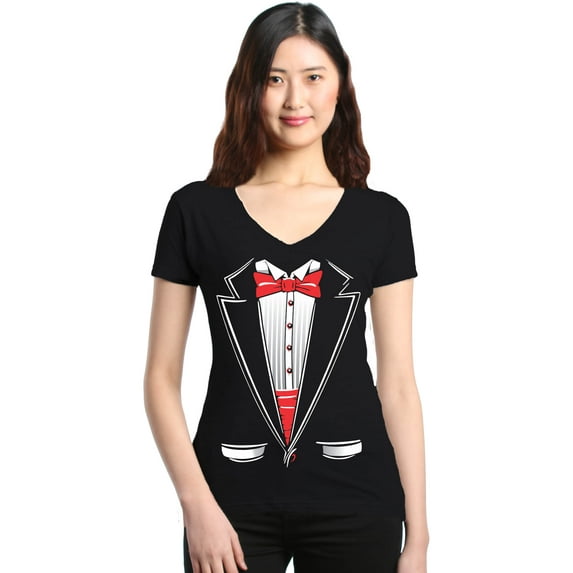 Shop4Ever Women's Classic Red Bow Tie Tuxedo Suit Party Costume Slim Fit V-Neck T-Shirt Small Black