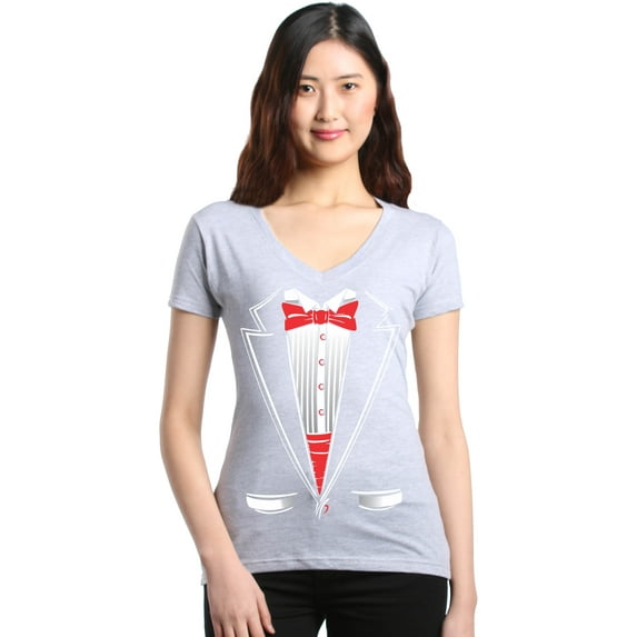 Shop4Ever Women's Classic Red Bow Tie Tuxedo Suit Party Costume Slim Fit V-Neck T-Shirt X-Large Sports Grey