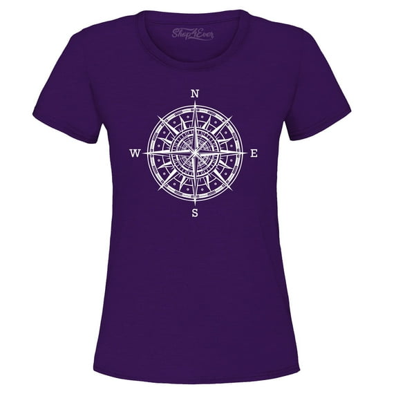 Shop4Ever Women's Compass Traveling North South East West Graphic T-Shirt Medium Purple