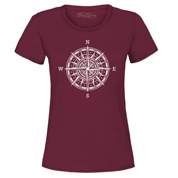 Shop4Ever Women's Compass Traveling North South East West Graphic T-Shirt Small Maroon