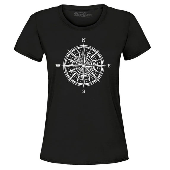 Shop4Ever Women's Compass Traveling North South East West Graphic T-Shirt XX-Large Black