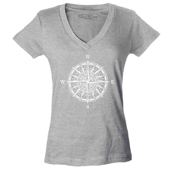 Shop4Ever Women's Compass Traveling North South East West Slim Fit V-Neck T-Shirt Small Sports Grey