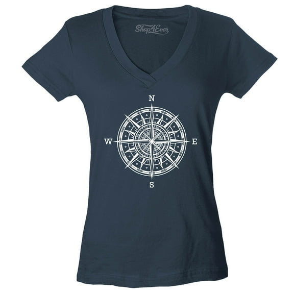 Shop4Ever Women's Compass Traveling North South East West Slim Fit V-Neck T-Shirt X-Large Charcoal