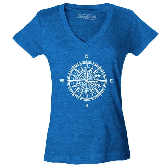 Shop4Ever Women's Compass Traveling North South East West Slim Fit V-Neck T-Shirt X-Large Heather Royal Blue