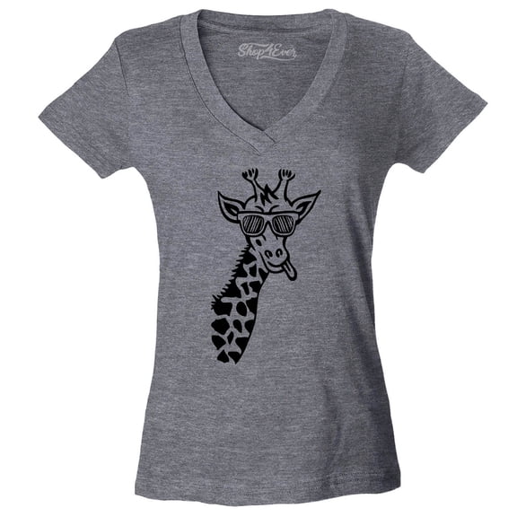 Shop4Ever Women's Cool Giraffe Cute Animal  Slim Fit V-Neck T-Shirt Medium Heather Charcoal