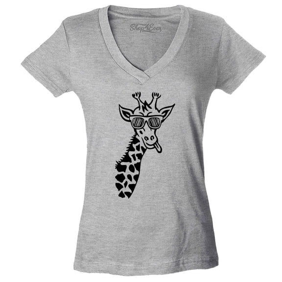 Shop4Ever Women's Cool Giraffe Cute Animal  Slim Fit V-Neck T-Shirt Small Sports Grey