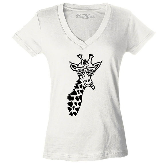 Shop4Ever Women's Cool Giraffe Cute Animal  Slim Fit V-Neck T-Shirt Small White